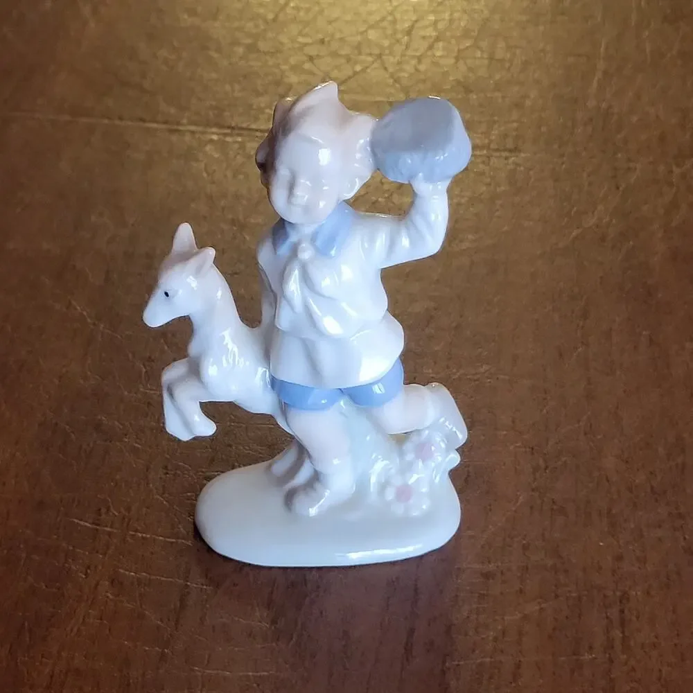 Vintage Lego Japan Boy & Dog Figurine Fine Porcelain Pastels High Gloss 1970s